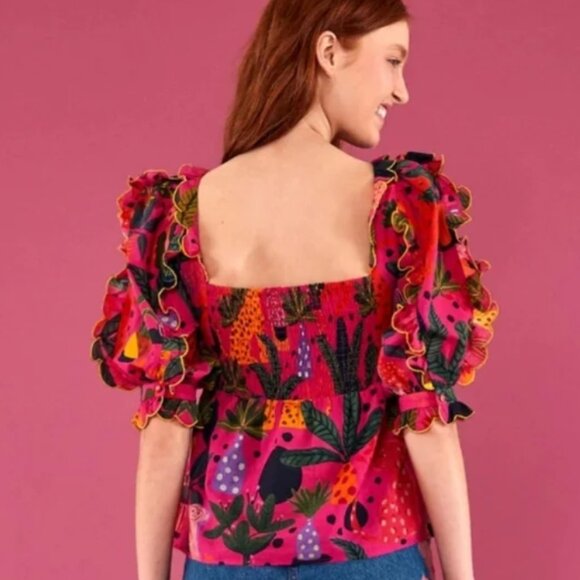 NWOT Farm Rio Pop Leopards Short Puff Sleeves Ruffles Pink Blouse Size XS $160 - Picture 9 of 11